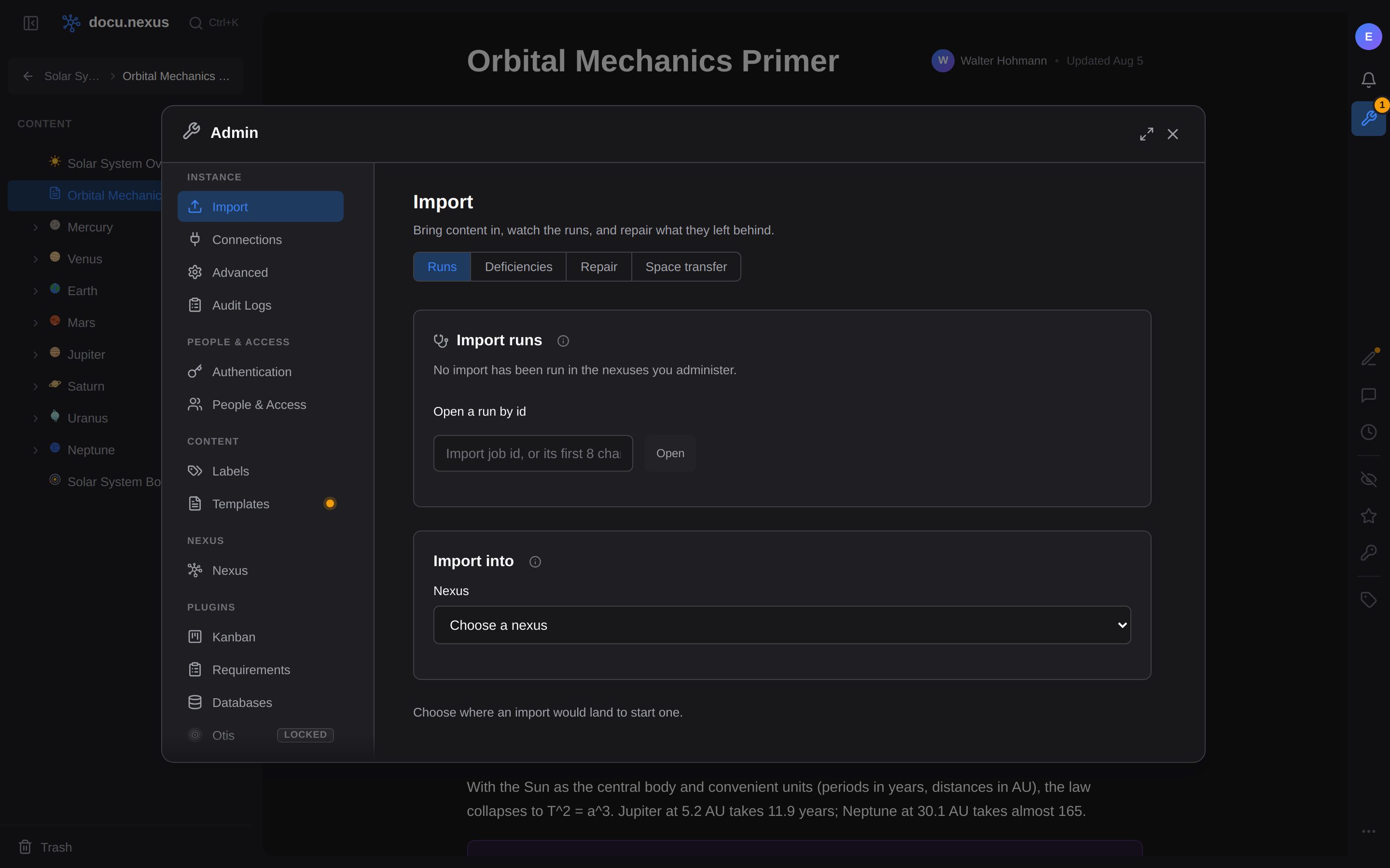 The Import section of the docu.nexus admin panel, showing the import-runs list and an archive-import drop zone