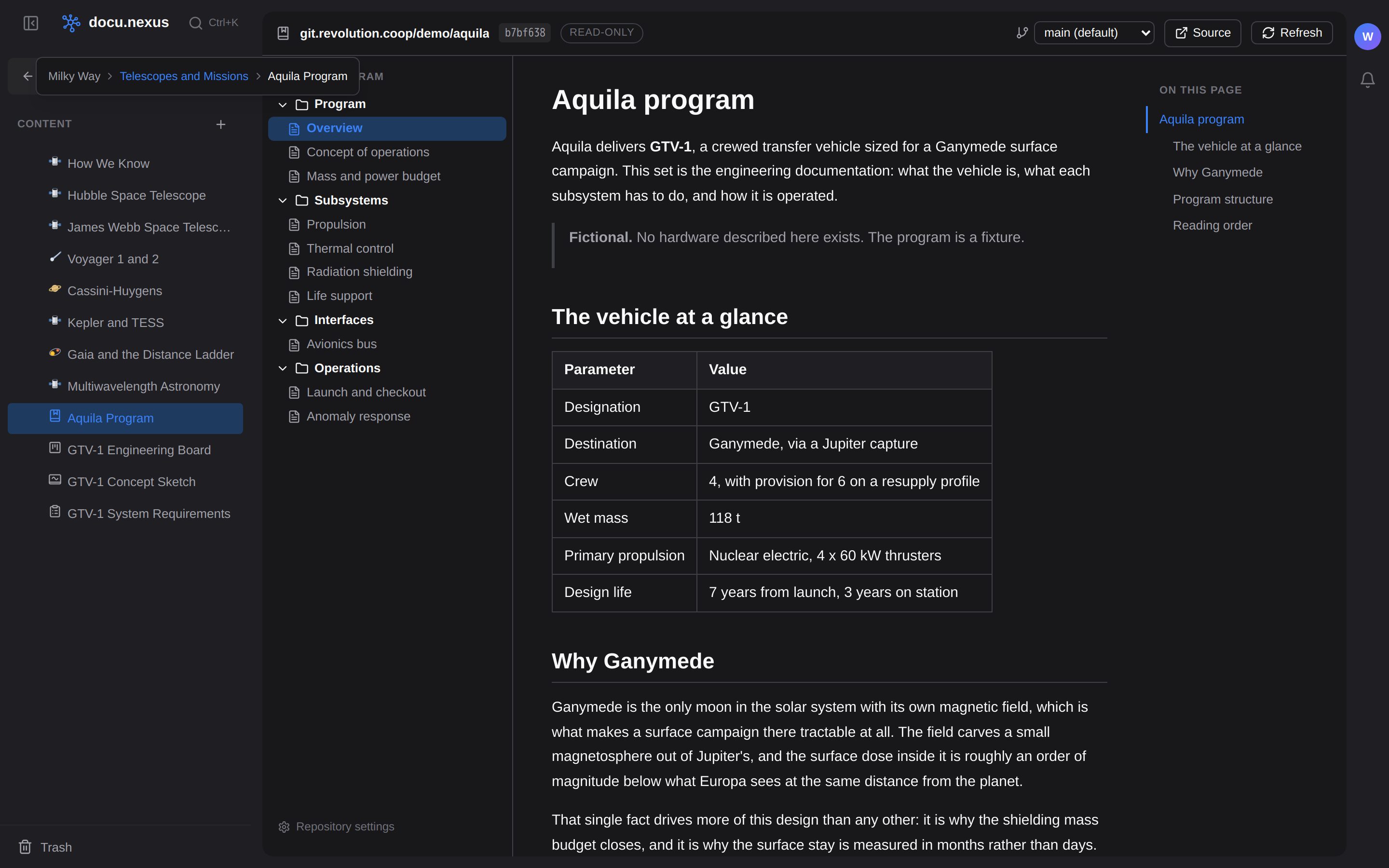A repository rendered as a wiki inside docu.nexus, showing the repo path and commit hash, a read-only badge, a branch switcher, a grouped navigation tree, and a rendered page with a table