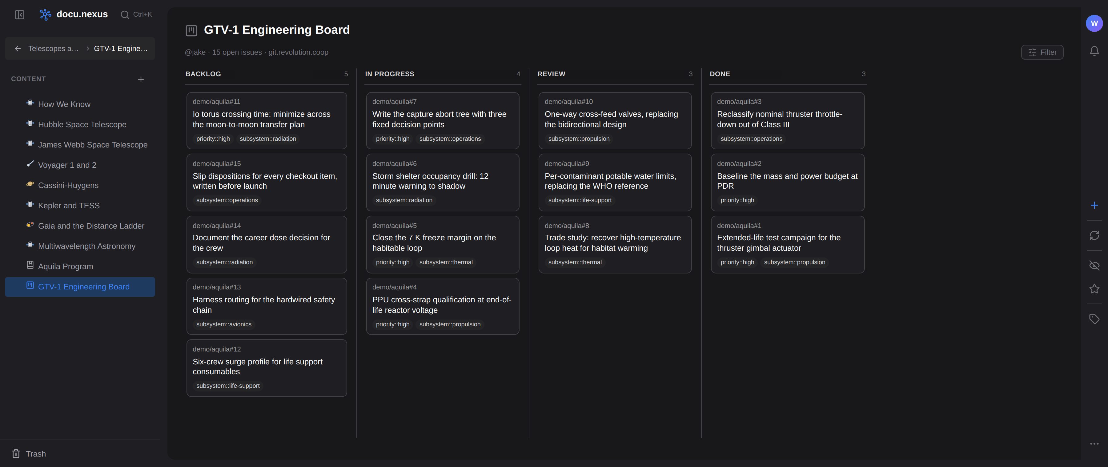 A docu.nexus Kanban board with four columns, Backlog, In progress, Review and Done, holding fifteen GitLab issues that each show their project reference and labels, beside the app sidebar and the space page tree