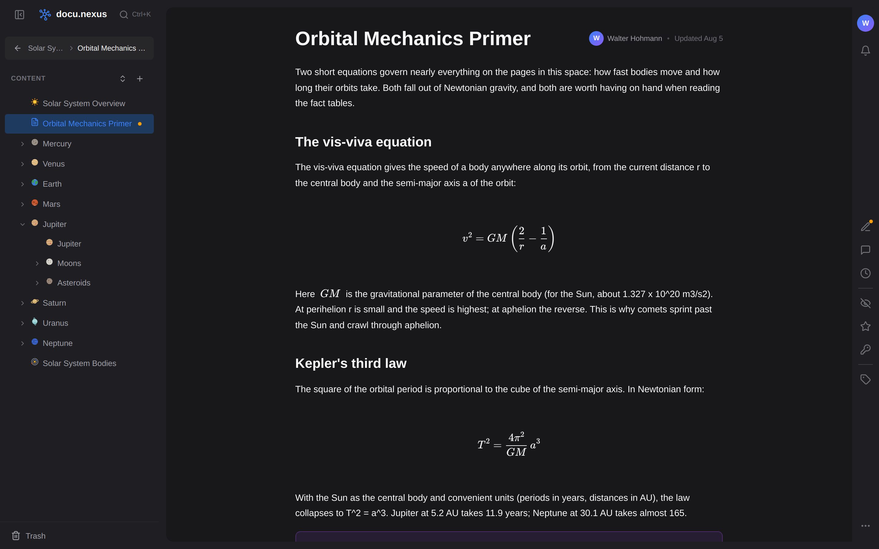 An Orbital Mechanics Primer page in docu.nexus, showing headings, body text and two typeset equations, beside a sidebar tree of the planets